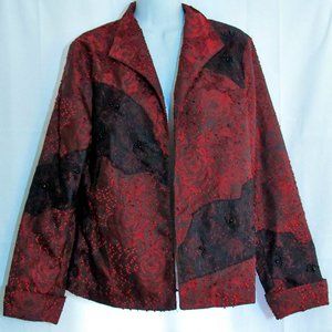NWT COLDWATER CREEK Woman's Size Medium Red & Black Lace trimmed jaquard Jacket